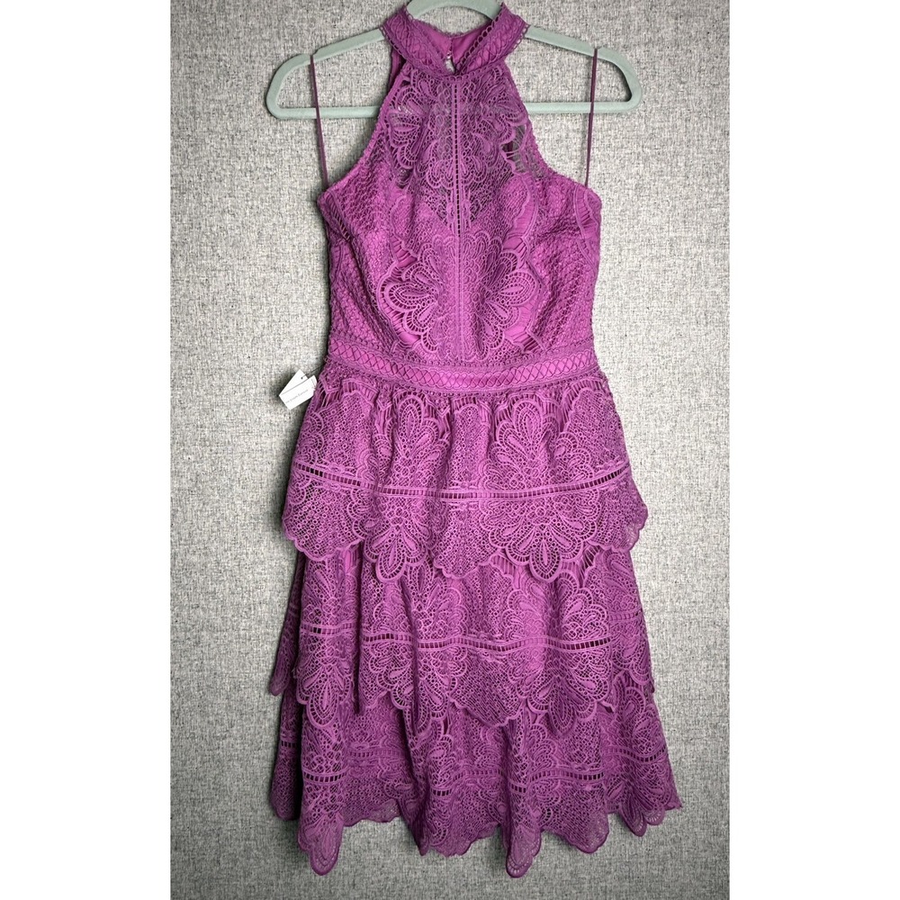 Lipsy Premium Pink Fuscia Tiered Ruffle Lace Sleeveless Halter Neck Dress 6/Med